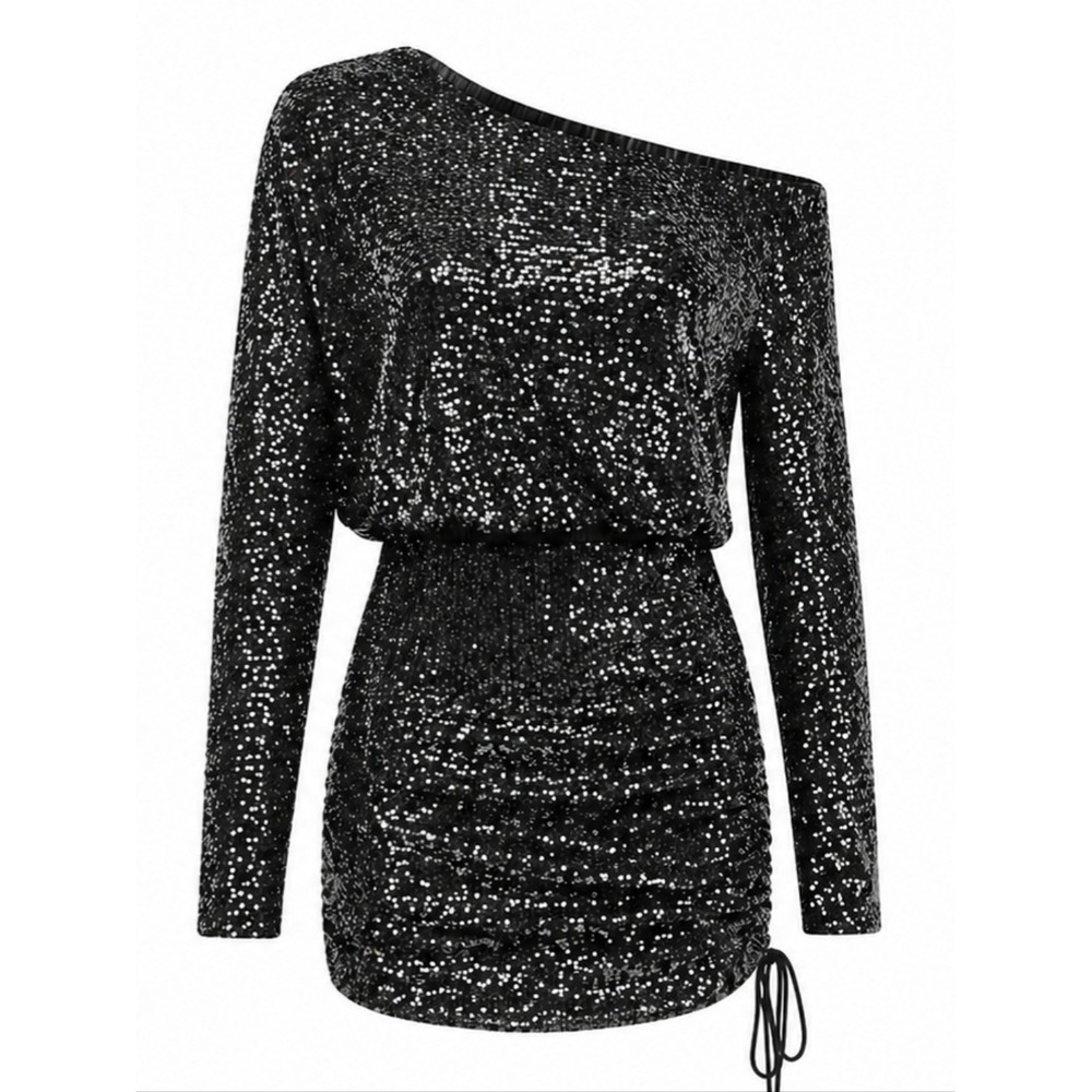 Free People Black Sequin One Shoulder Ruched Mini Dress XS Glam Rock